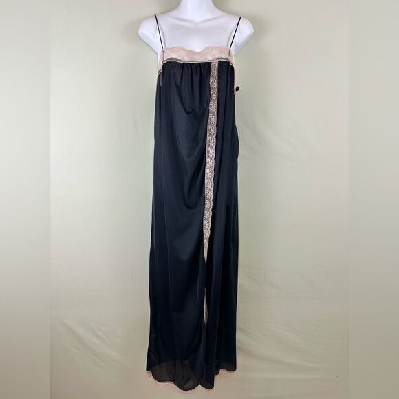 Vintage Black Nylon Lace Maxi Nightgown Slip Dress - Picture 1 of 8